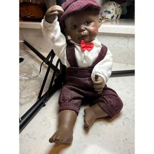 African American Porcelain Boy Doll Plaid Overalls Newsboy Cap Red Bow Tie 16in
